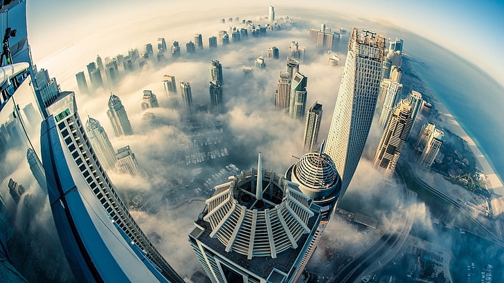 gray concrete buildings, aerial photography of Chrysler tower, New York, Dubai, clouds, building, city, sea, urban, architecture, photography, skyscraper, cityscape, mist, aerial view, fisheye lens, heights, HD wallpaper