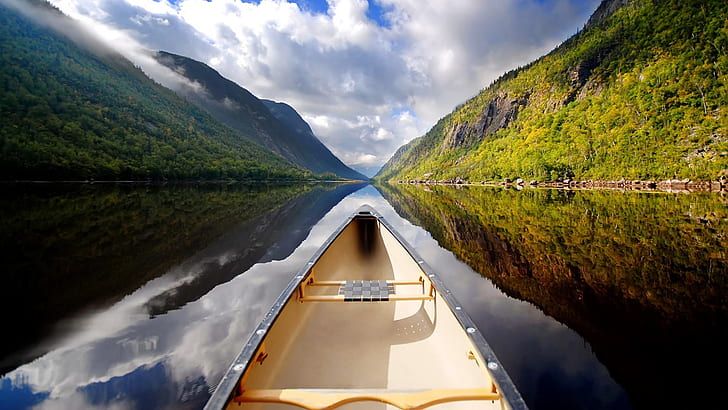 Canoeing HD, boat, canoe, canoeing, clouds, foggy, green, hills, reflection, HD wallpaper