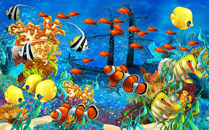 Seabed-tropical colorful fish, coral-shipwreck-Wallpapers fish for your desktop, HD wallpaper