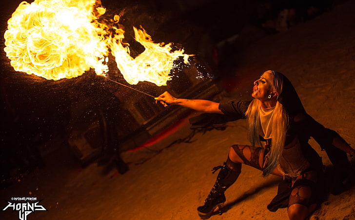 Woman Spitting Fire, Elements, Fire, Festival, Music, Night, Rock, Woman, Burning, Show, Hellfest, openair, HD wallpaper