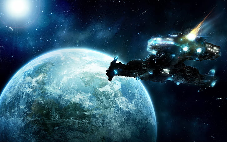 Spaceship flying to the Earth, Spaceship, Flying, Earth, HD wallpaper