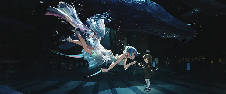 menina usando ilustração de vestido azul, baleia, ultra-amplo, cidade, meninas anime, Hatsune Miku, debaixo d'água, vestido, baleia azul, HD papel de parede HD wallpaper