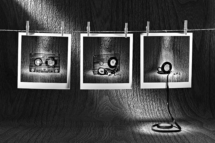 cassette tapes painting, creativity, artwork, humor, cassette, polaroids, photography, tape, wood, cords, photo manipulation, monochrome, screw, optical illusion, HD wallpaper
