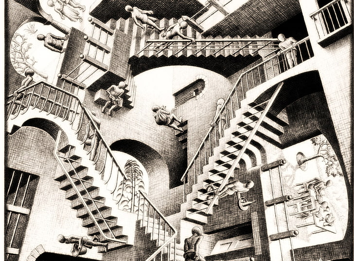 Relativitätstheorie von M. C. Escher, Graustufenfoto des Hauses, Künstlerisch, Zeichnungen, Zeichnung, Relativitätstheorie, escher, m.c.Escher, Maurits Cornelis Escher, 1953, HD-Hintergrundbild