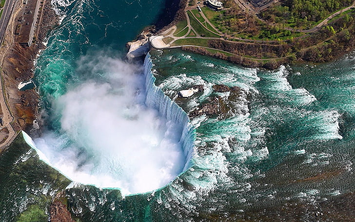 water dam, landscape, nature, aerial view, Niagara Falls, Canada, river, waterfall, summer, trees, HD wallpaper