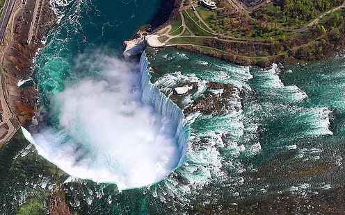 water dam, landscape, nature, aerial view, Niagara Falls, Canada, river, waterfall, summer, trees, HD wallpaper HD wallpaper