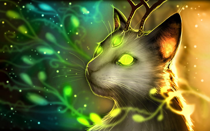 arte de fantasía románticamente apocalíptico astas de gato brillantes ojos verdes, Fondo de pantalla HD