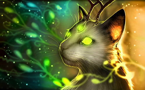 arte de fantasía románticamente apocalíptico astas de gato brillantes ojos verdes, Fondo de pantalla HD HD wallpaper
