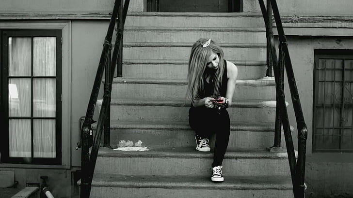 avril lavigne, stairs, house, sneakers, player, women's pair of black-and-white sneakers, avril lavigne, stairs, house, sneakers, player, HD wallpaper