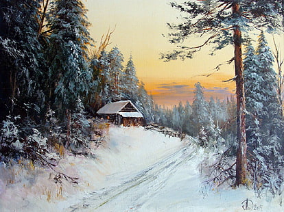 небето, дървета, масло, хижа, картина, живопис, платно, селски пейзаж, Александър Леднев, зимен следобед, HD тапет HD wallpaper