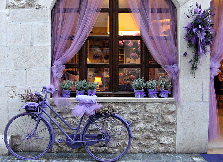 bicicleta de ciudad gris, púrpura, flores, bicicleta, lavanda, Fondo de pantalla HD