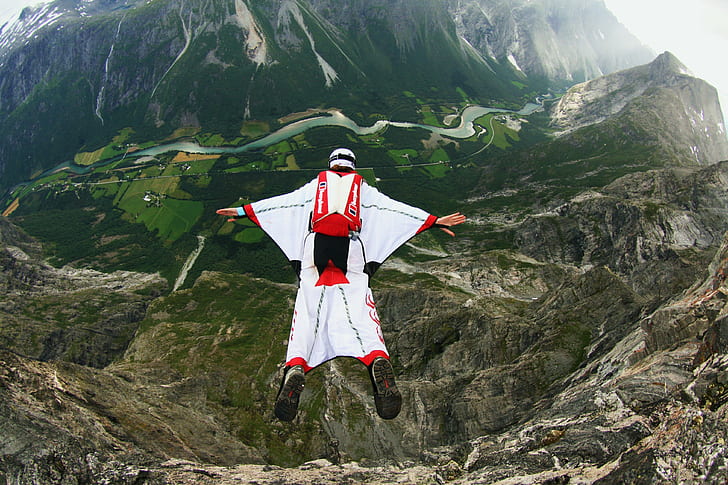 Wingsuit pilot, white and red parasuite, Norway, mountains, helmet, hat, valleys, rivers, parachute, container, wingsuit pilot, BASE Jumping, extreme sports, HD wallpaper