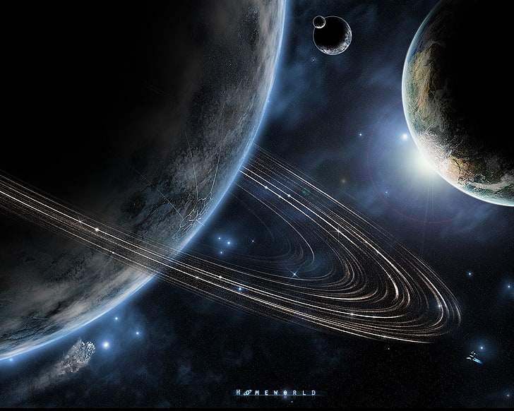 luz espacio ultraterrestre horizonte estrellas planetas anillos naves espaciales vehículos de ciencia ficción lunas 1280x1024 Lunas espaciales HD Art, Luz, espacio exterior, Fondo de pantalla HD
