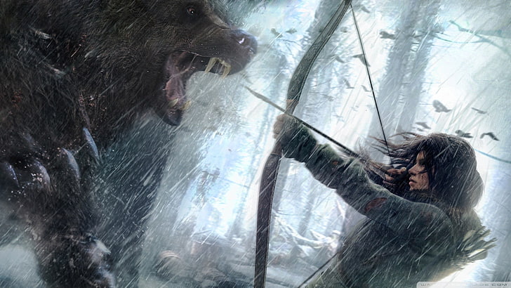 Mujer sosteniendo ilustración de arco, Tomb Raider, osos, arco y flecha, Rise of the Tomb Raider, Fondo de pantalla HD