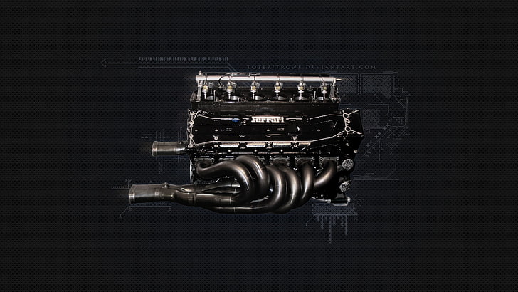 черен двигател на автомобила, двигател, Ferrari, двигател Ferrari F1, двигател F1 1995 г., HD тапет