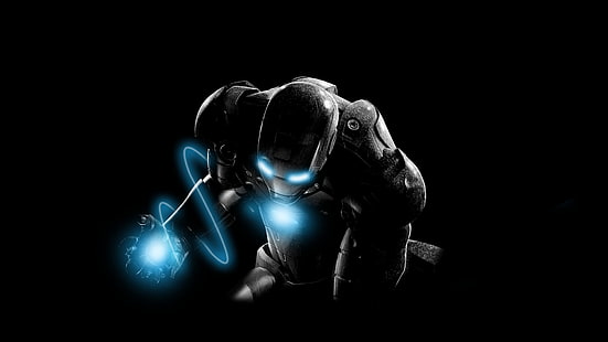 Fondo de pantalla de Iron Man, Iron Man, negro, azul, minimalismo, coloración selectiva, Marvel Cinematic Universe, cian, fondo negro, Fondo de pantalla HD HD wallpaper
