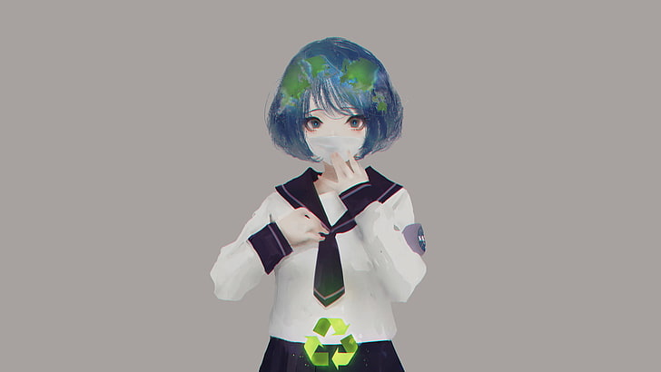 Earth-chan, seragam sekolah, masker wajah, NASA, latar belakang sederhana, Aoi Ogata, cinta, gadis anime, Wallpaper HD