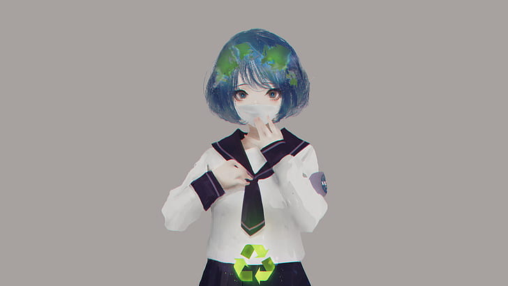NASA, animeflickor, enkel bakgrund, kärlek, Aoi Ogata, skoluniform, ansiktsmask, Earth-chan, HD tapet