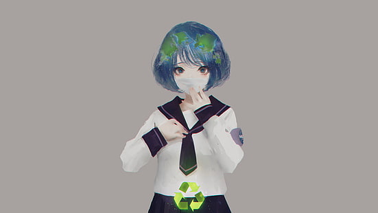 НАСА, аниме девушки, простой фон, любовь, Аой Огата, школьная форма, маска для лица, Земля-чан, HD обои HD wallpaper
