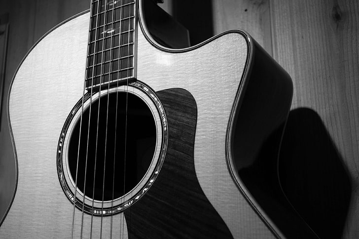 acoustic guitar, black and white, box guitar, grain, guitar, music, musician, play, string instrument, wood, HD wallpaper