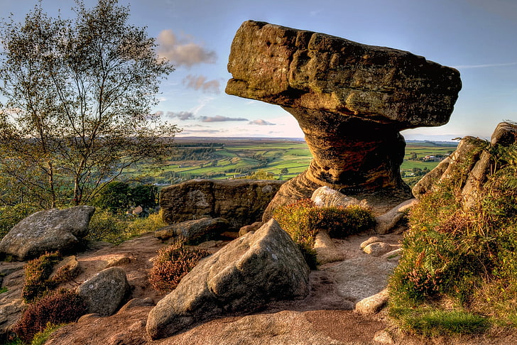 Fontaine en béton brun et noir, paysage, UK, rock, nature, Angleterre, Yorkshire, Fond d'écran HD