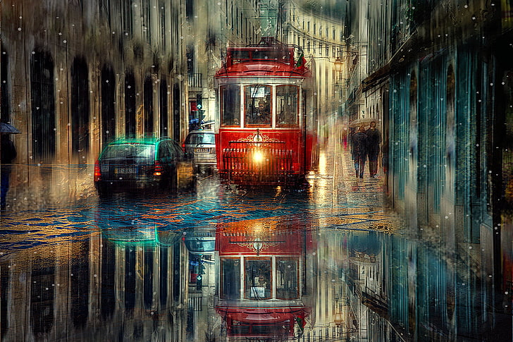 боядисване на червен трамвай, машина, град, дъжд, транспорт, улица, трамвай, HD тапет