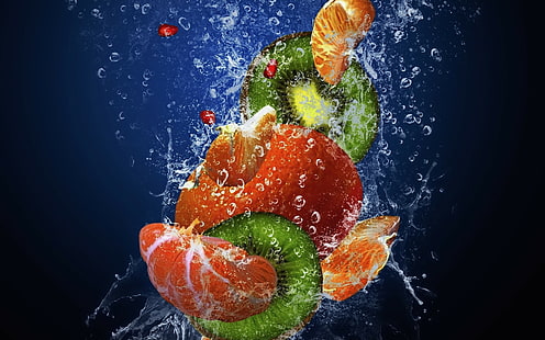 Frukt, färsk, vatten, droppar, sprayer, mandarin, kiwi, granatäpple, HD tapet HD wallpaper