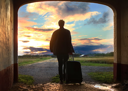 equipaje de viaje negro, hombre, maleta, viaje, amanecer, Fondo de pantalla HD HD wallpaper