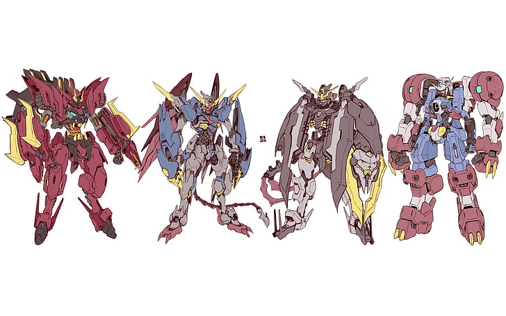 four Gundam robot drawinggs, mech, digital art, Mobile Suit Gundam Wing, Mobile Suit Gundam: Iron-Blooded Orphans, Mobile Suit Gundam AGE, HD wallpaper