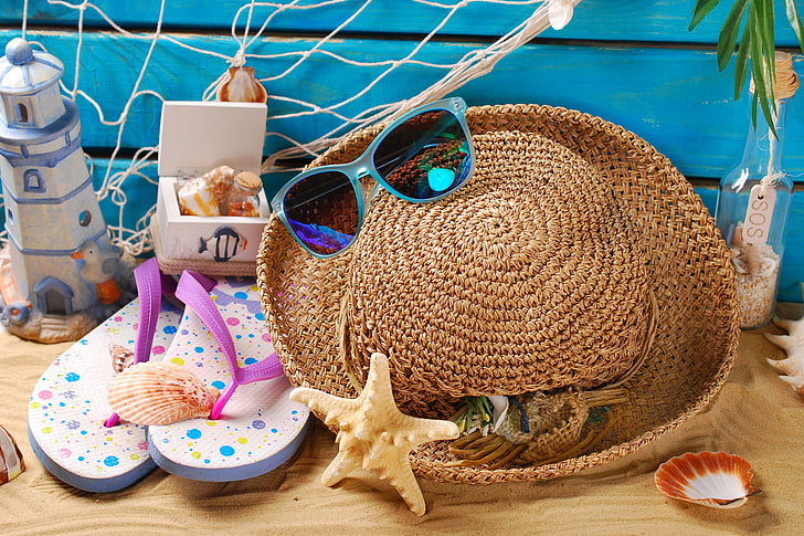 sand, beach, summer, stay, hat, glasses, shell, marine, still life, vacation, HD wallpaper