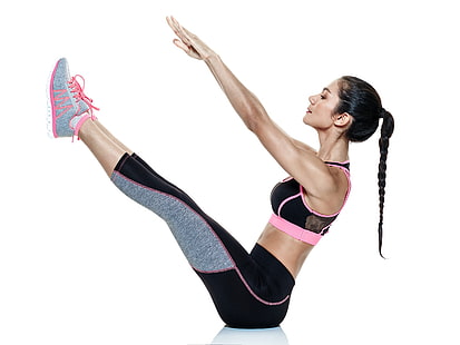 fundo branco, exercício, mulheres, modelo de fitness, calças de ioga, ioga, HD papel de parede HD wallpaper