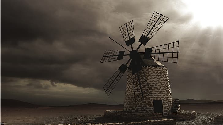 windmill, sepia, overcast, Fuerteventura, Canary Islands, kaslito, HD wallpaper