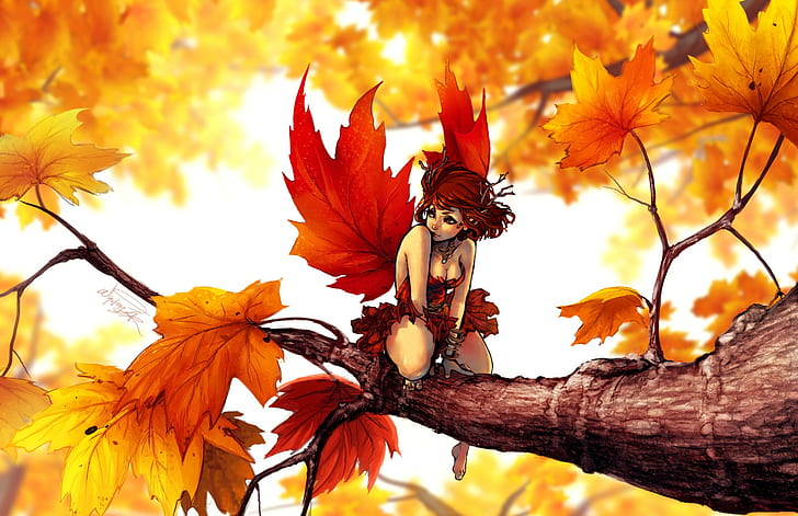 ilustraciones, arte de fantasía, arte digital, hadas, hojas, hojas de arce, árboles, Fondo de pantalla HD