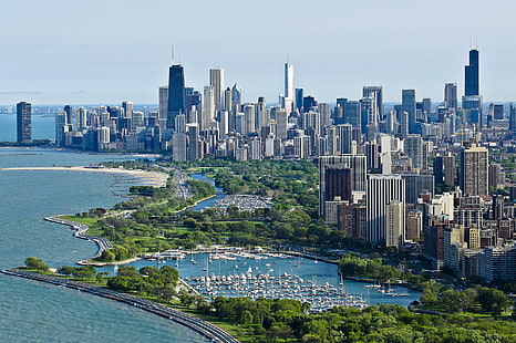 chicago, skyscrapers, top view, ocean, HD wallpaper HD wallpaper