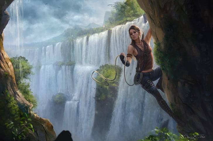 Jorsch, drawing, Tomb Raider, Lara Croft, women, brunette, long hair, ropes, tank top, pants, pickaxes, waterfall, nature, climbing, boots, HD wallpaper