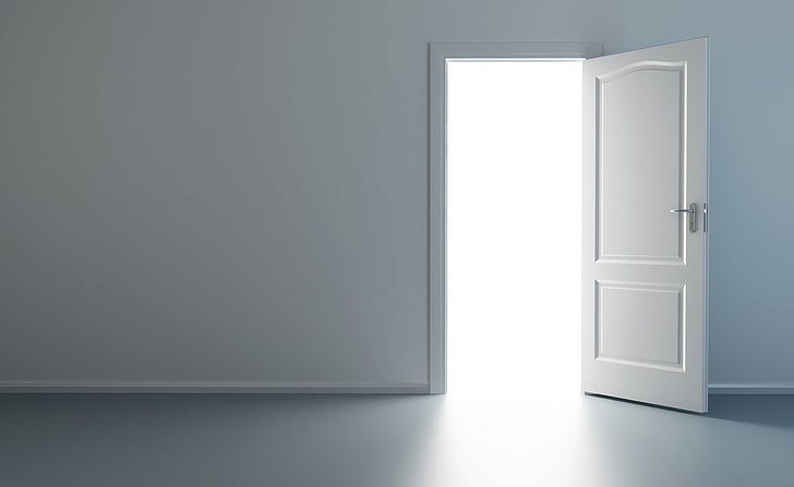 Otwarte drzwi, białe drewniane drzwi 2-panelowe, Artystyczne, 3D, Drzwi, Otwarte, Tapety HD