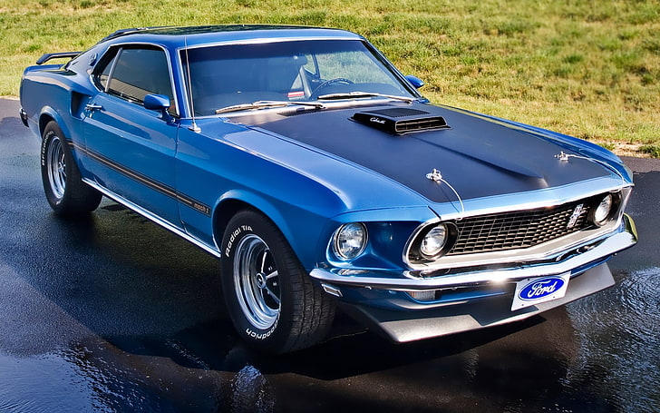 coupé Ford Mustang blu, blu, prato, Mustang, Ford, 1969, classico, anteriore, muscle car, Mach 1, Sfondo HD