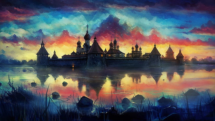 pintura de castillo, dibujo, pintura, monasterio, reflejo, nubes, colorido, Fondo de pantalla HD
