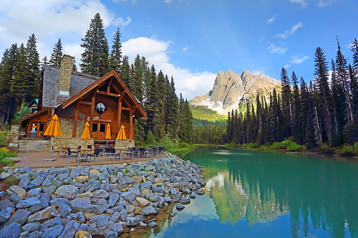 forest, trees, mountains, lake, Canada, restaurant, house, British Columbia, Yoho National Park, Canadian Rockies, Emerald Lake, Canadian Rocky Mountains, Lake Emerald, HD wallpaper