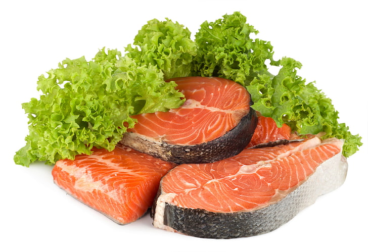 salmon and lettuces, fish, steak, greens, HD wallpaper