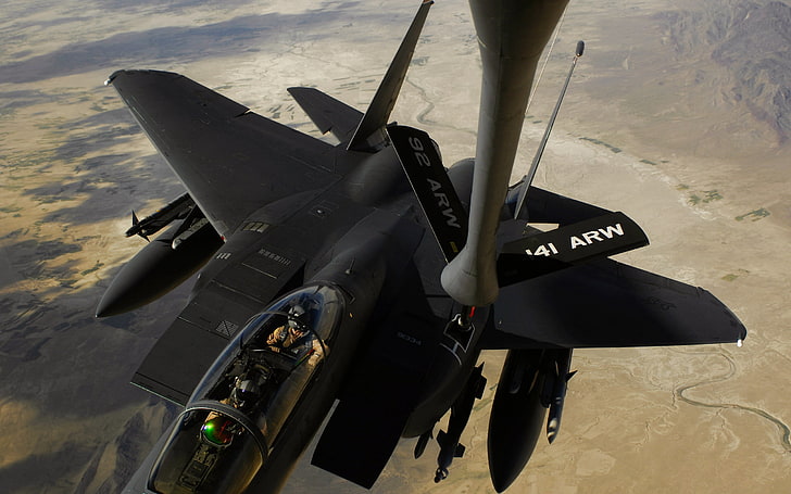 black F-22 Raptor illustration, f-15e strike eagle, us air force, aircraft, refueling, HD wallpaper