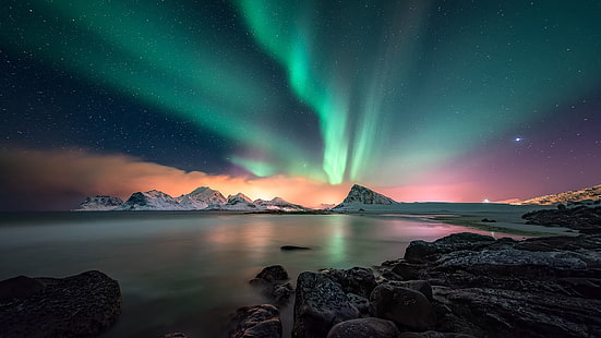 ночь, северное сияние, лофотенские острова, ночное небо, норвегия, арктика, европа, пейзаж, полярные огни, северное сияние, HD обои HD wallpaper