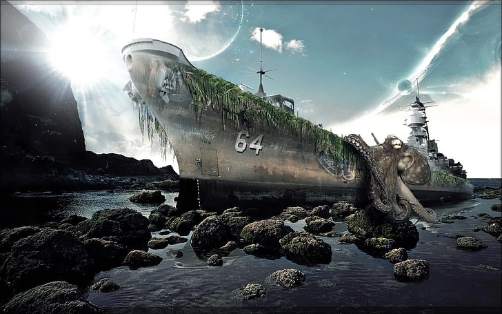 corazzata grigia illustrazione, pietre, collage, riva, nave, polpo, Sfondo HD