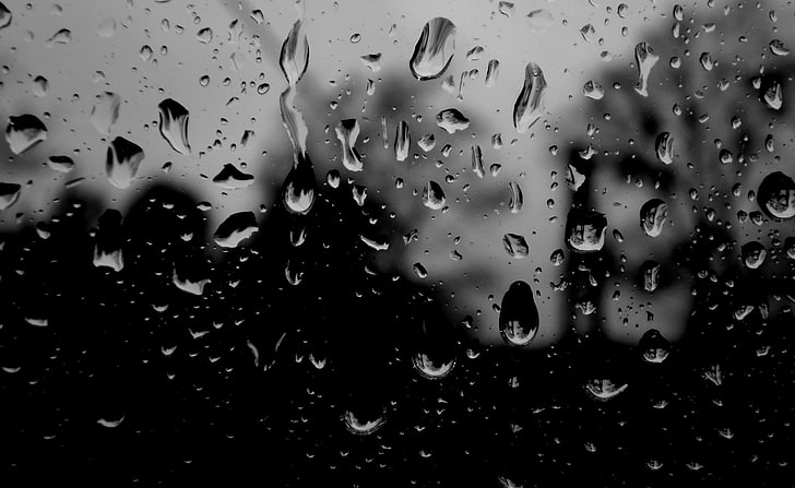 Dia chuvoso escuro, fotografia em escala de cinza de líquido, preto e branco, escuro, dia, chuva, chuvoso, preto, branco, gotas, pingos de chuva, frio, HD papel de parede