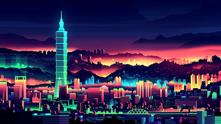 artwork city colorful taipei taiwan glowing, HD wallpaper