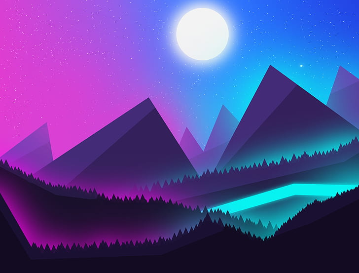 Mountains, neon, Landscape, the night sky, view, beautiful landscape, Neon moon, moonlight, night mountains, the view from the rock, blue neon, Neon river, neon landscape, beautiful mountains, pink neon, Neon mountains, neon style, HD wallpaper