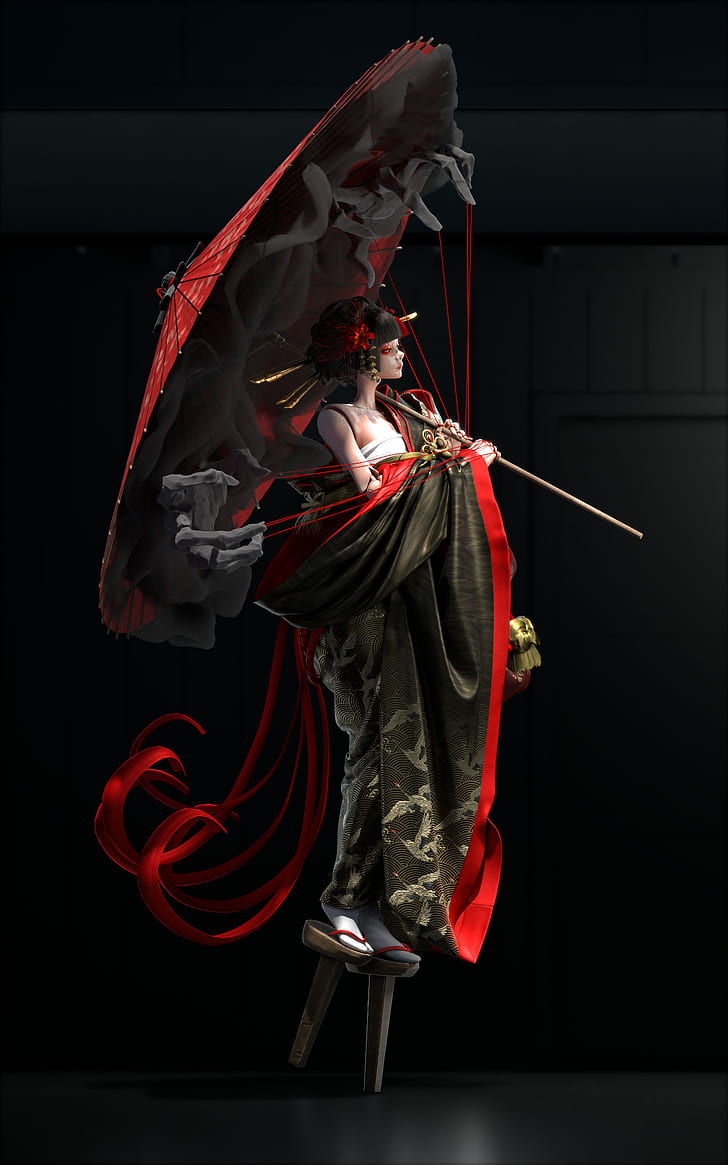 puppets, Japanese, umbrella, kimono, hands, strings, demon, joint, HD wallpaper