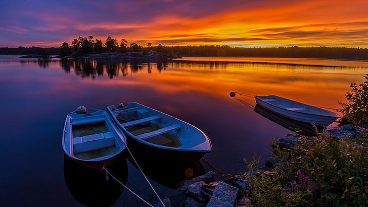 озеро, водный пейзаж, гармония, тишина, горизонт, сумерки, оранжевый закат, спокойствие, оранжевое небо, утро, лодки, вечер, Швеция, закат, озеро, небо, вода, природа, отражение, HD обои