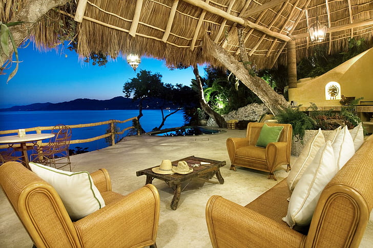 Caribbean Bliss, serviettes, tropical, eau, arbres, osier, océan, pierre, oreillers, lumières, pation, soirée, chapeaux, votive, Fond d'écran HD