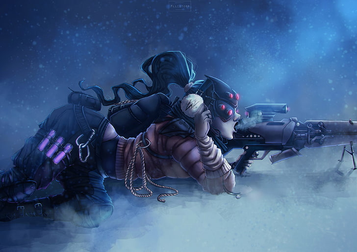 женщина курит во время использования снайперской винтовки с цифровыми обоями, Overwatch, Widowmaker (Overwatch), Amélie Lacroix, снайперская винтовка, зима, снег, видеоигры, длинные волосы, HD обои
